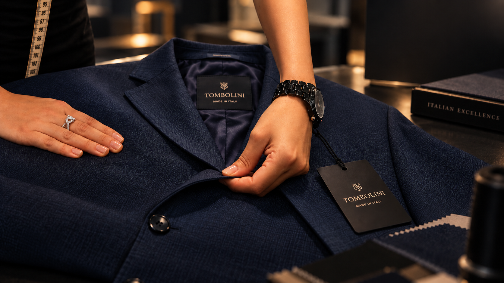 Quality inspector adjusting the lapel of a navy blazer with a measuring tape